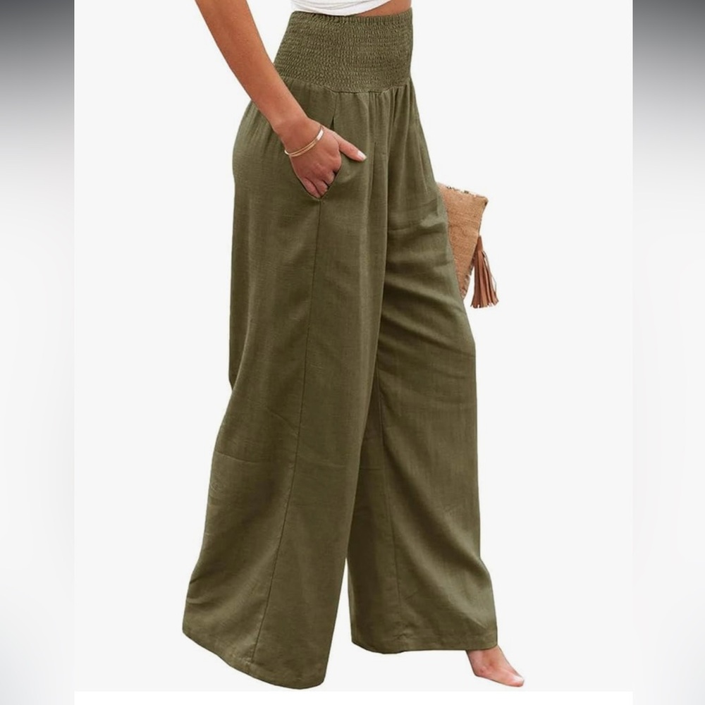Women's Green Wide-Leg Pants Pull On Elastic Waistband Pockets Linen Polyester M - Picture 3 of 12